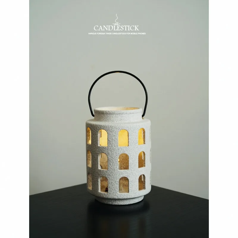 

Nordic Personality Portable Wind Lamp Hollow Shape Candlestick Matte Ceramic Desktop Candlestick Decorative Ornament Art Design