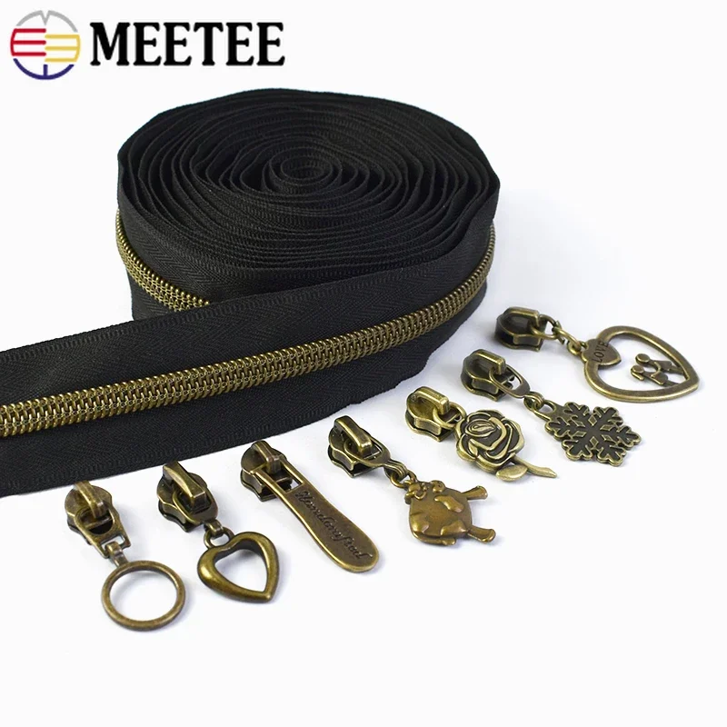 1/2/3/4/5Meters 5# Nylon Zipper Tapes + Bronze Zippers Slider for Sewing Shoes Bag Zips Pulls Garment Repair Kit DIY Accessories