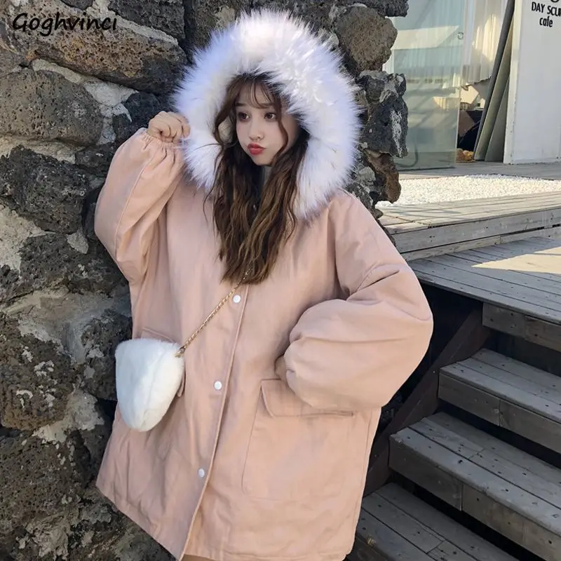 Winter Hooded Parkas Women Casual Thick Warm Sweet Ulzzang Loose Coat Girlish Pockets Simple Streetwear Fashion All-match Mujer