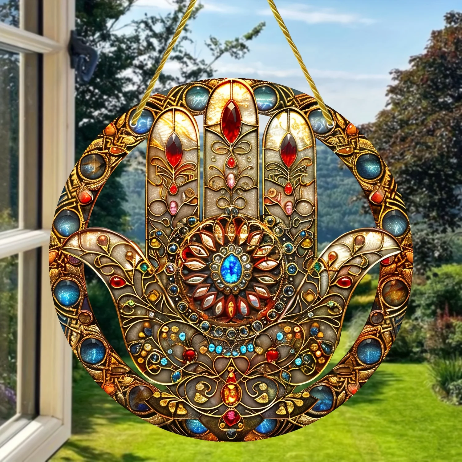 Ręka Fatimy Suncatcher-Boho akrylowa dekoracja wisząca na ścianę, religijna motyw Hamsa ręcznie tablica, ogród, ganek, sztuka ścienna do salonu