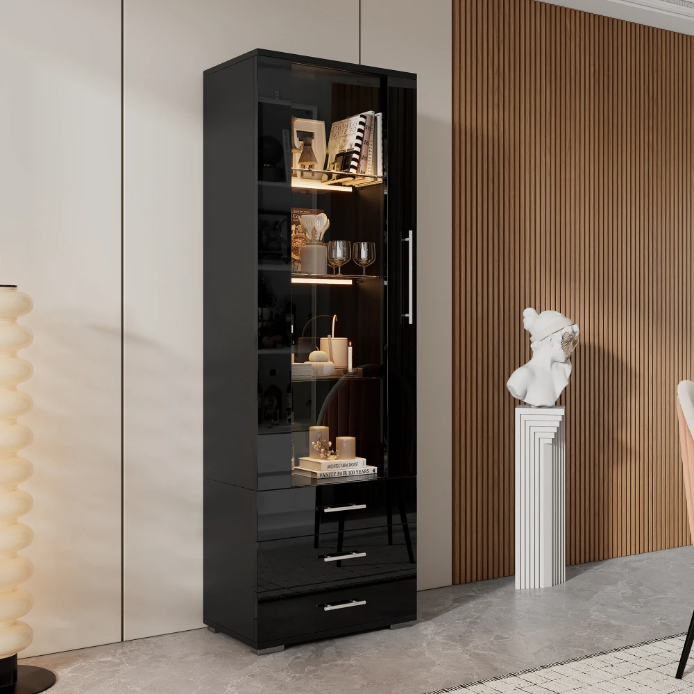 Vitrine noire haute brillance, vitrine en verre, vitrine sur pied avec éclairage LED, vitrine verticale à 3 tiroirs