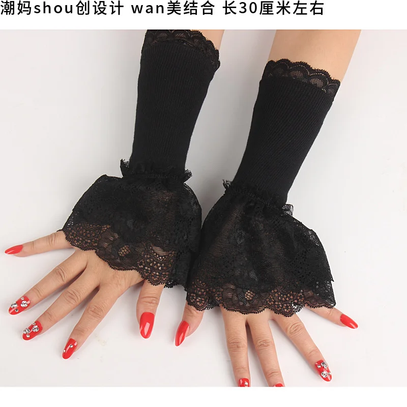 Autumn and Winter Double-layer Elastic Lace Decorative Cuffs Knitted Large Arm Sleeve Warm