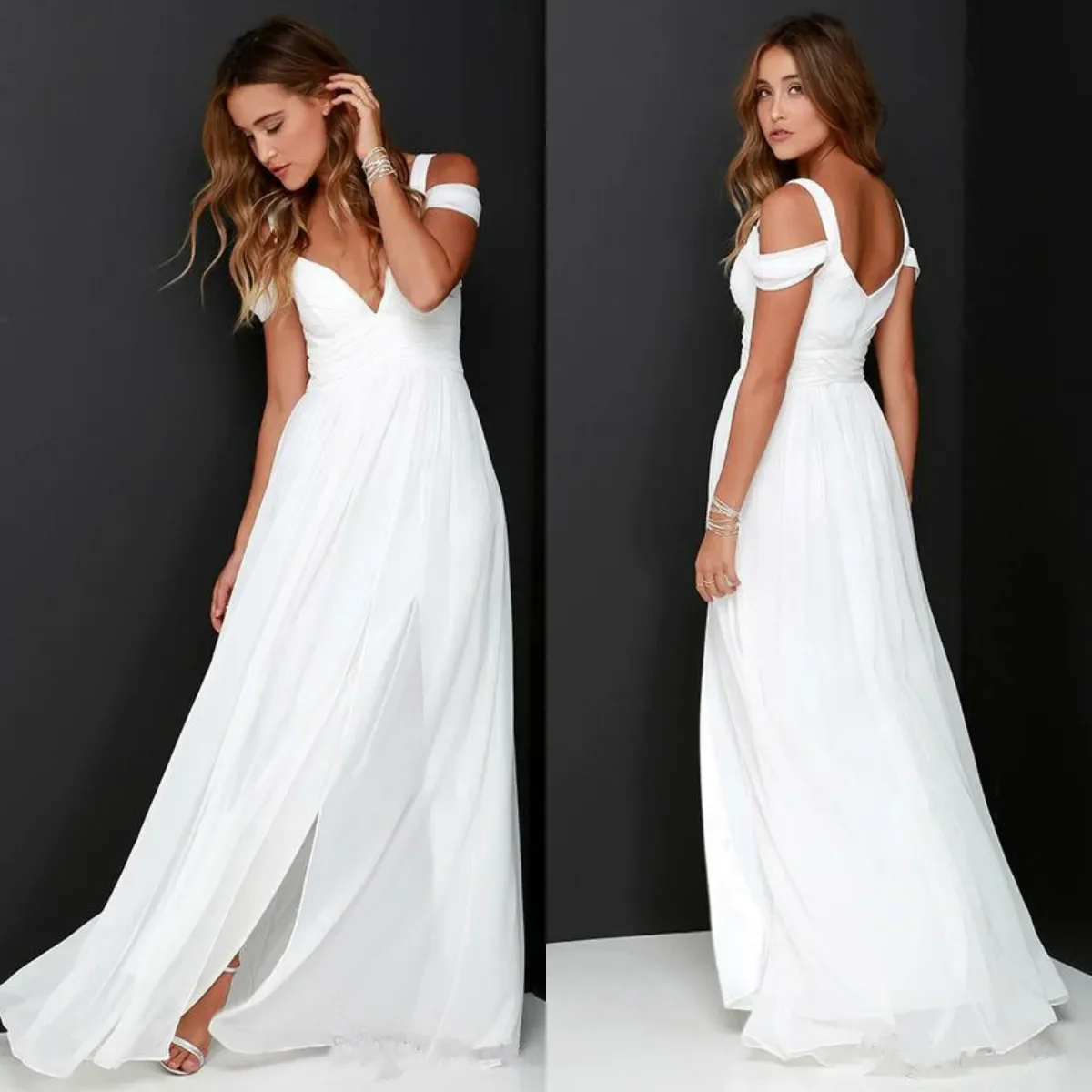 Simple Boho Beach Chiffon Wedding Dresses New Side Split A Line Bridal Gowns Sexy Spaghetti V Neck Beach Wedding Dress
