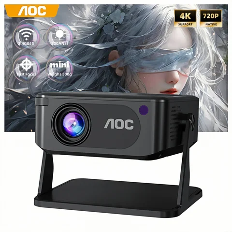 AOC HA109-PRO Portable Mini Projector, Native 720p Projector, 200 ANSI Lumens, Wi-Fi 6, Bluetooth 5.0, 4K Decoding, 360° Rotatable Stand, Auto Keystone Correction, Home Theater and Outdoor Movie Projector for the Bedroom