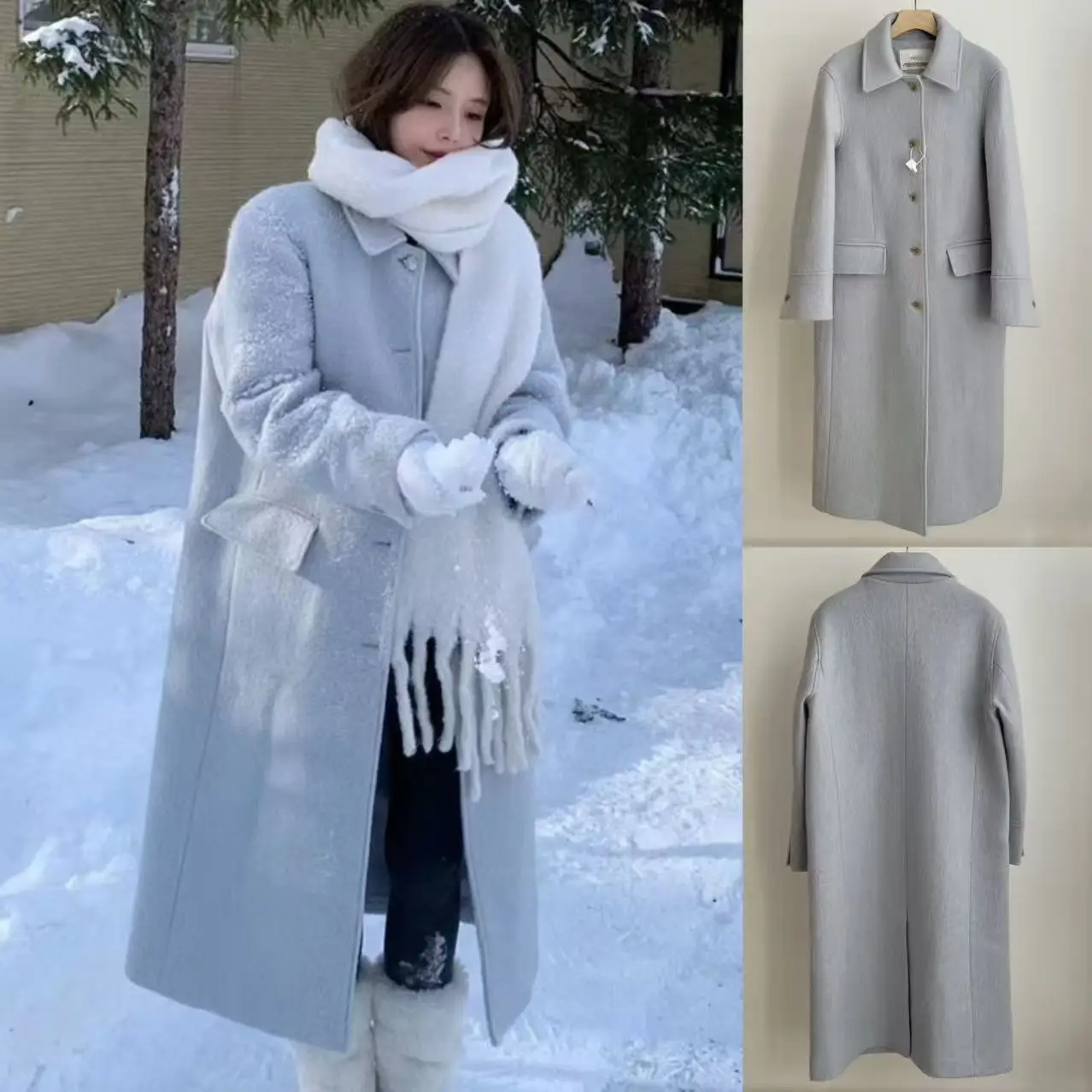 

Long Woolen Coat Blue Mist Single Row Button Collar Design Korean Sle Women's Thiened Winter Outerwear Youth Faion