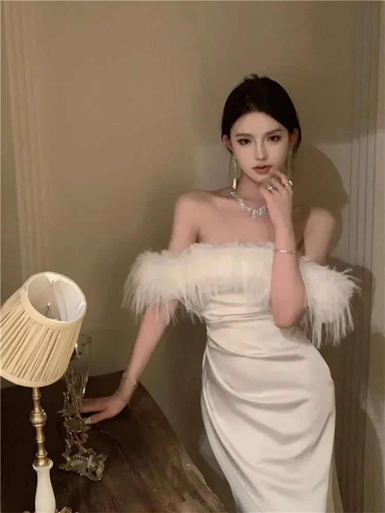 Summer Women Fashion Off Shoulder White Birthday Dress Elegant Lace Up Back Feather Fur Slash Neck Strapless Evening Party Dress