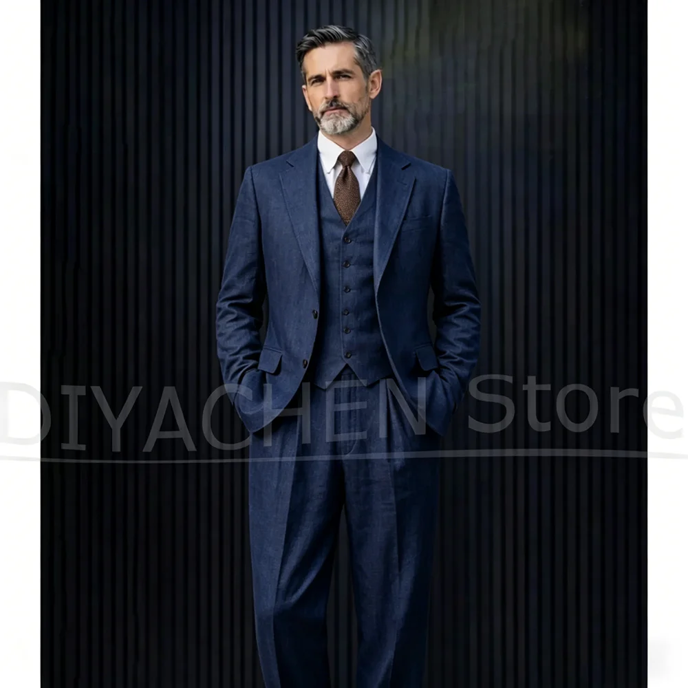 

Summer Linen Men Suit 3 Piece Single Breasted Notch Lapel Outfit Casual Office Business Wedding Party Tuxedo (Blazer+Vest+Pants)