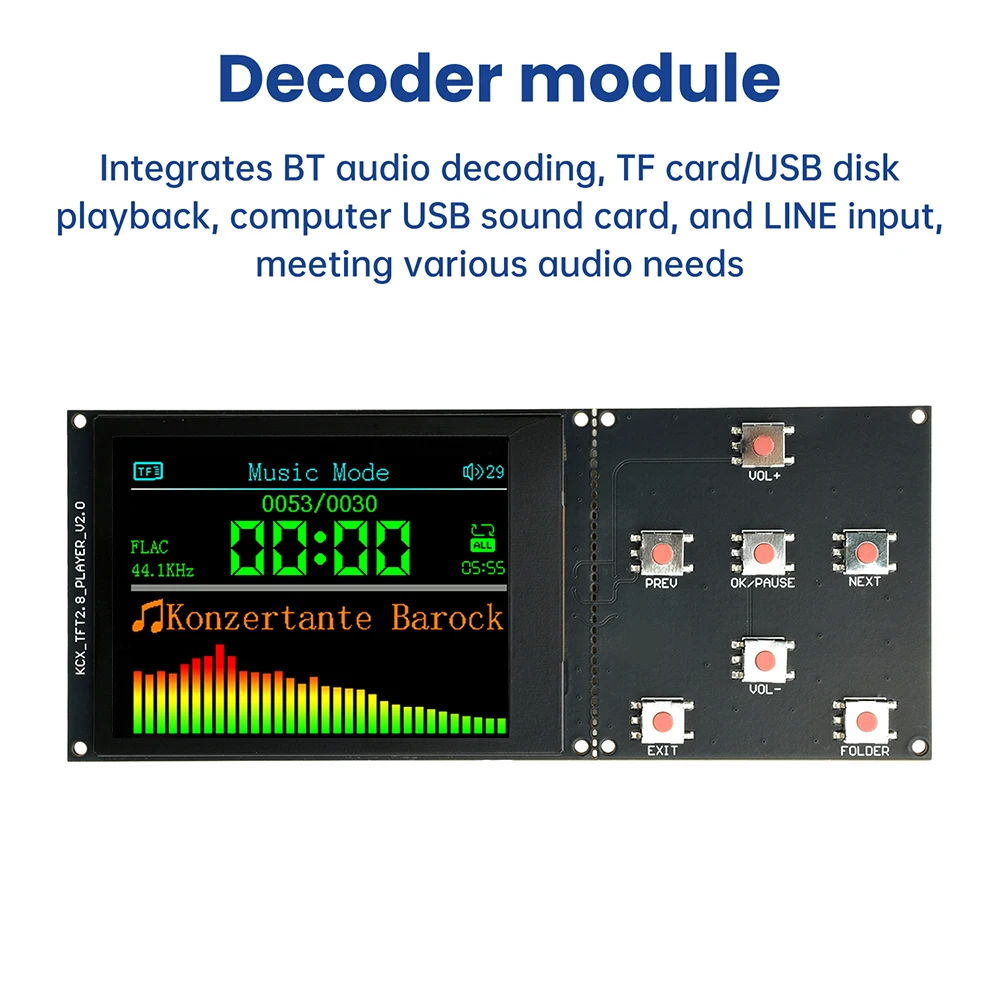 

DIY MP3 Playback Module Lossless WAV Audio Decoder,2.8'' TFT Screen 2 channels I2S Output WMA/FLAC/APE Bluetooth Audio Amplifier