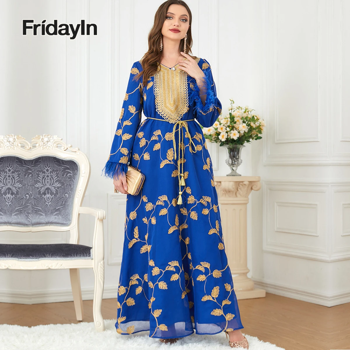 

Fridayin Muslim Abaya All Seasons Elegant Long Dresses For Women Color Contrast Regular Sleeve Tassel Belt Loose Skirts Kaftan