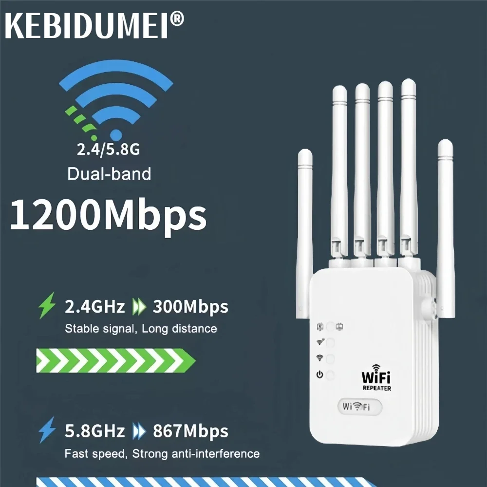 

1200Mbps Wireless WiFi Repeater WIFI Extender WiFi Booster 2.4G/5G Network Amplifier 360° Full Coverage Signal For Small Office