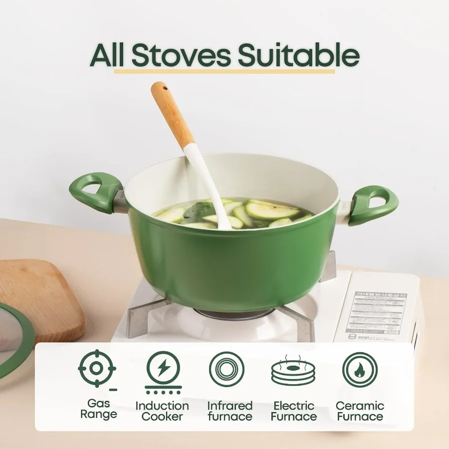 طقم أواني ومقالي مكون من 10 قطع، طقم أواني طهي غير لاصقة، طقم أواني طهي صحية من السيراميك غير سامة مع شركة He