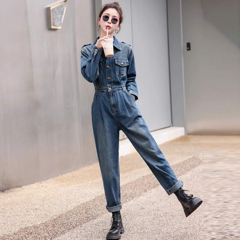 Hoge taille overall dames casual losse werkkleding denim jumpsuit set comfortabele faionable Koreaanse Sle polyestervezel