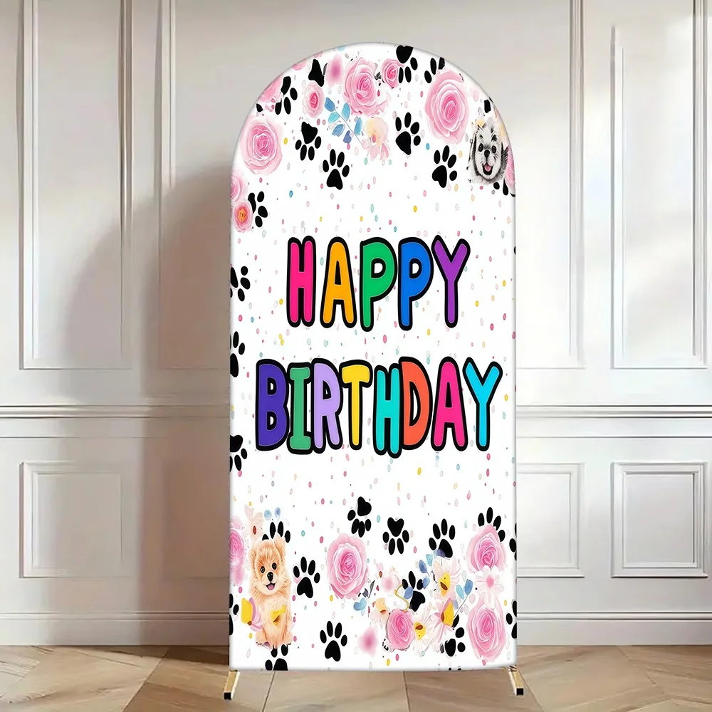 Custom 2-sided Colorful Happy Birthday Cake Table Background Animals Paw Print Pink Flower Backdrop Chiara Arch Wall Cover Props