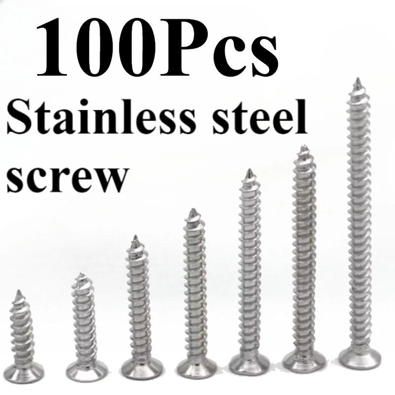 100pcs Hardened Stainless Steel Self Tapping Screw Precision Cast Rust Proof High Quality Countersunk Screw for Wooden Working