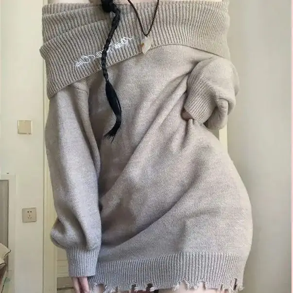 One-Shoulder Advanced Knitwear With Embroidery Autumn Winter Sweater Women Sexy Fashion Embroidery Strap Knitted Pullovers