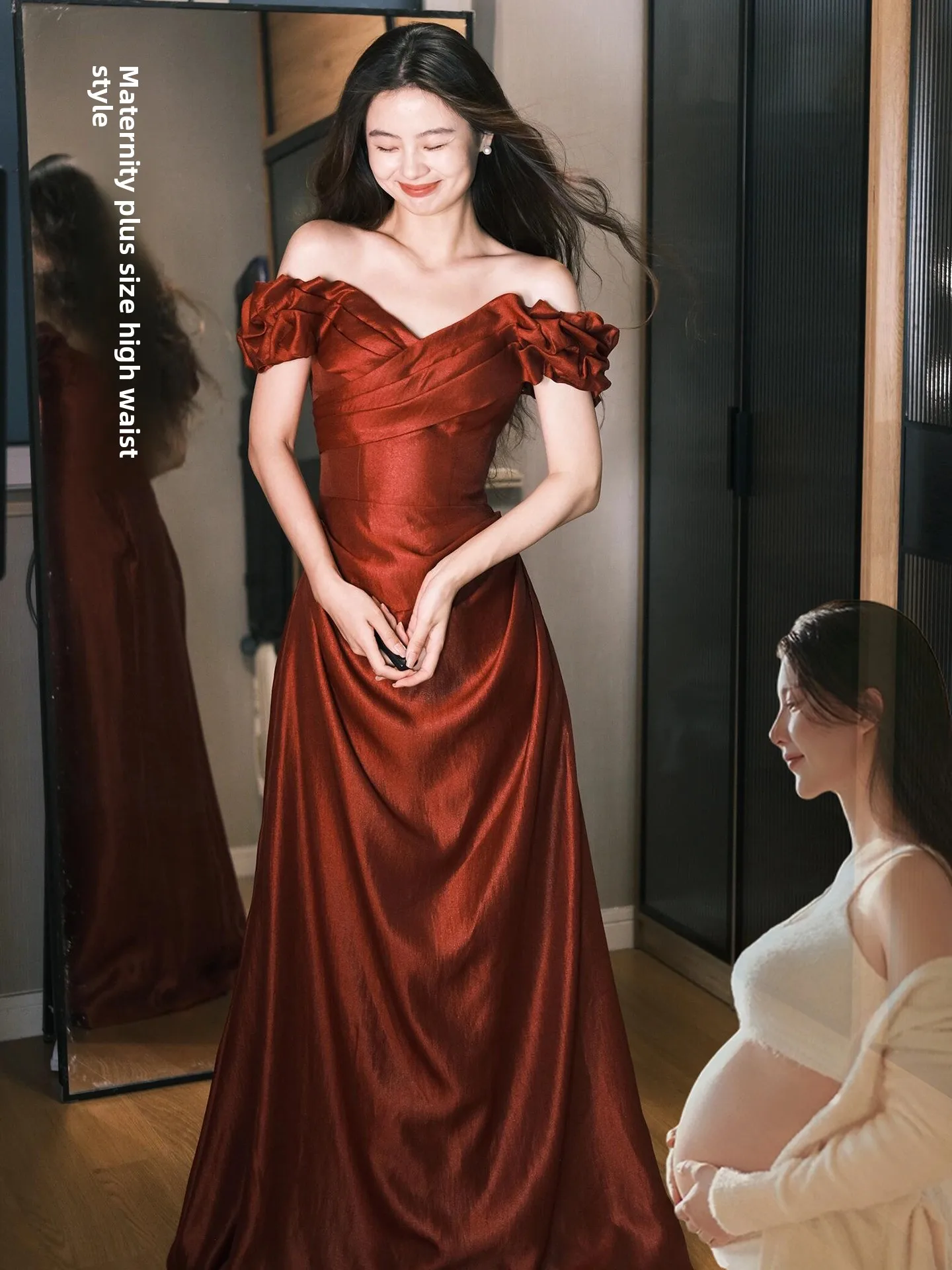 

Красное свадебное платье на одно плечо для беременных женщин, новинка 2025 года, для помолвки, с длинной юбкой, завышенной талией, в корейском стиле, больших размеров