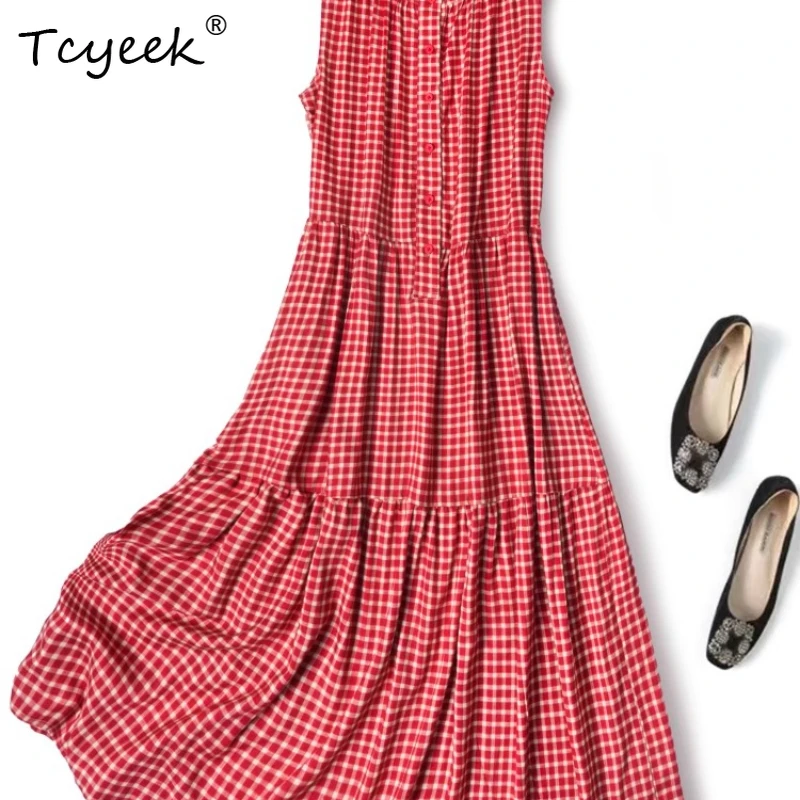 

Tcyeek 50% Mulberry Silk 50% Cotton Summer Thin French Red Grid A-line Round Neck Sleeveless Long Woman Dresses Vestidos Mujer