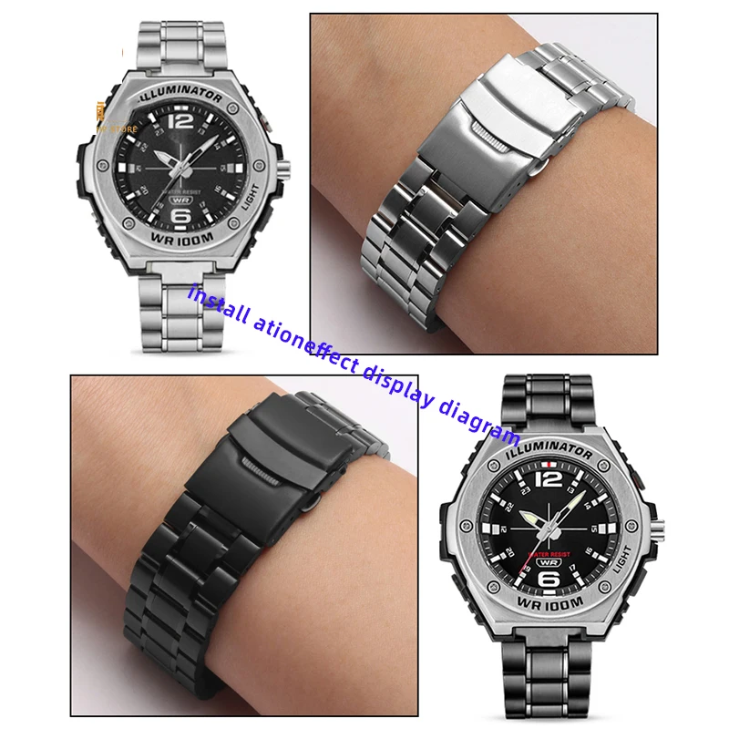 Refined steel watch band For Casio Black Knight MWA-100H MWD-100H male modified stainless steel watch strap wristband bracelet