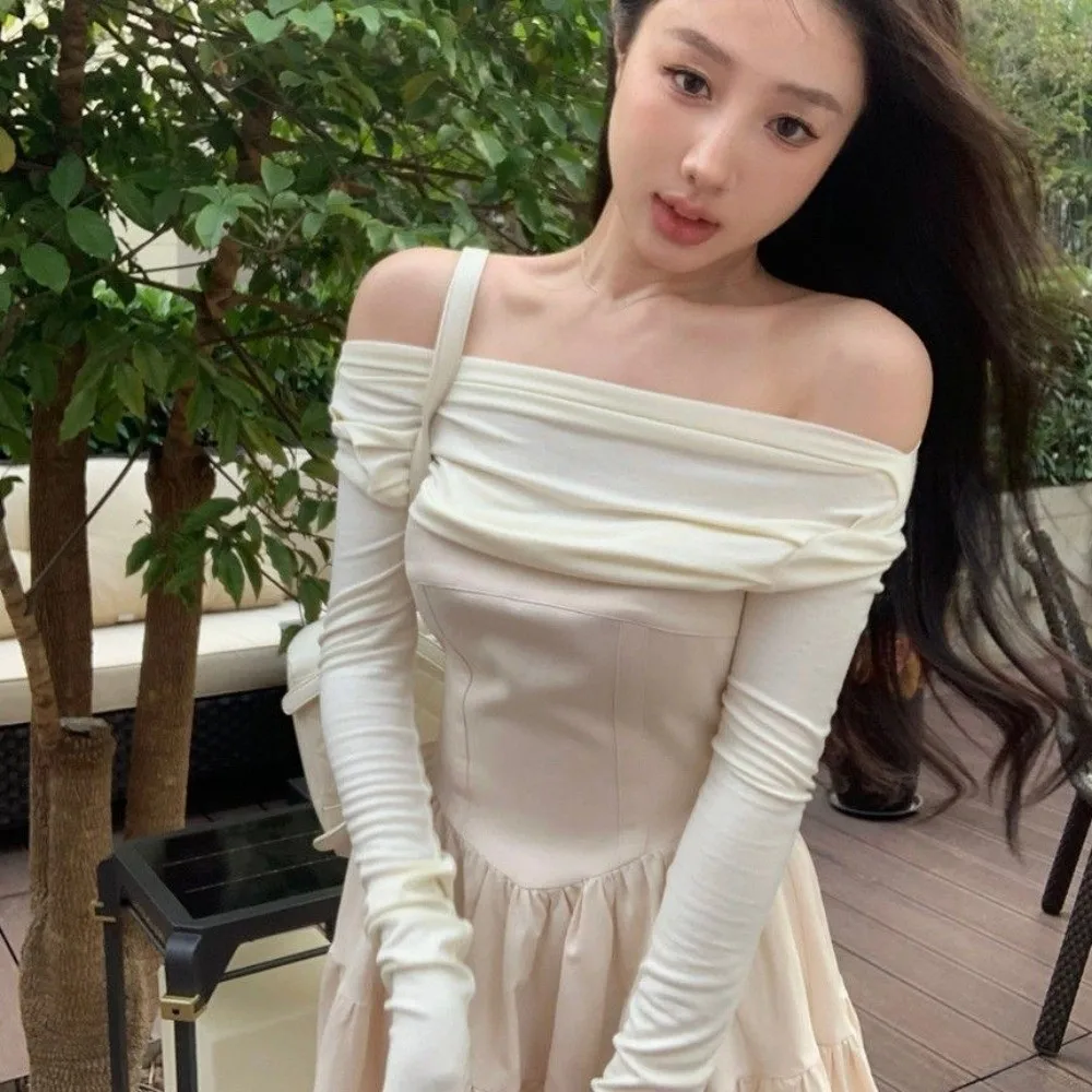 เดรสแขนยาวทรงเข้ารูปกระโปรงสั้นสไตล์เกาหลี คอปกเดี่ยว แฟชั่น Y2K น้ำหนักเบา ทรงเอไลน์ กระโปรงสั้นสำหรับงานปาร์ตี้