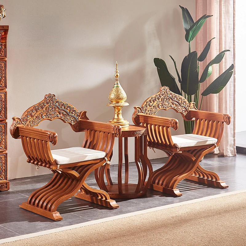 Southeast Asian Style Furniture Wood Carving Living Room Leisure Solid Wood Sofa Chair Tea Table Three-Piece Set Combination