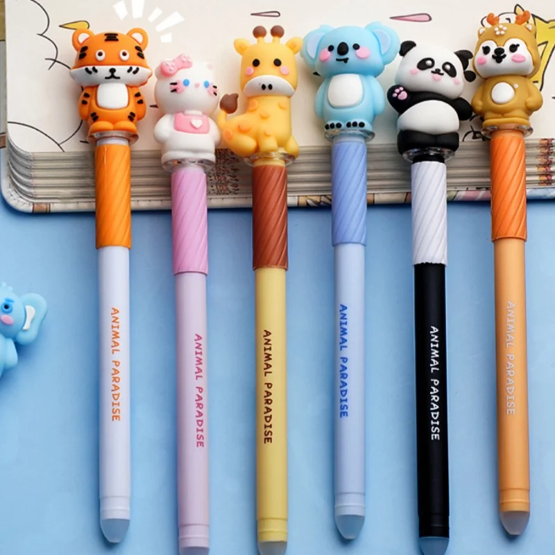 6er-Pack mit zufällig ausgewählten, gelblichen Stiften im Cartoon-Stil, die sich abwischen lassen und Silikonspitzen haben, ein komplettes Set für Schüler, farbenfrohe Stifte zum Schreiben in Tagebüchern, Schreibwaren für Schüler, blaue Tinte, sorgt für ein flüssiges Schreibgefühl und einen gleichmäßigen Tintenfluss. – Detail 4