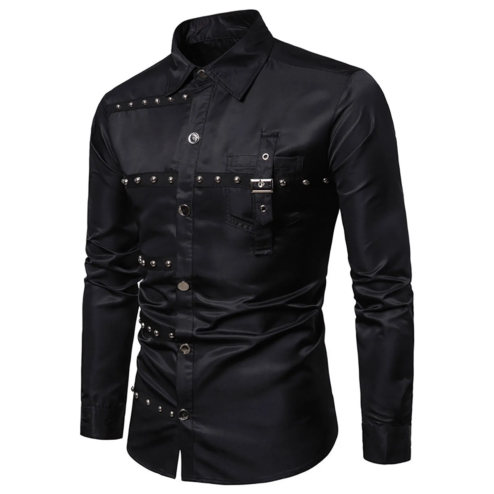 Gothic Studded Men\'S Long Sleeve Shirt Halloween Medieval Belt Black Shirt Classic Vintage Party Performance Men\'S Clothing