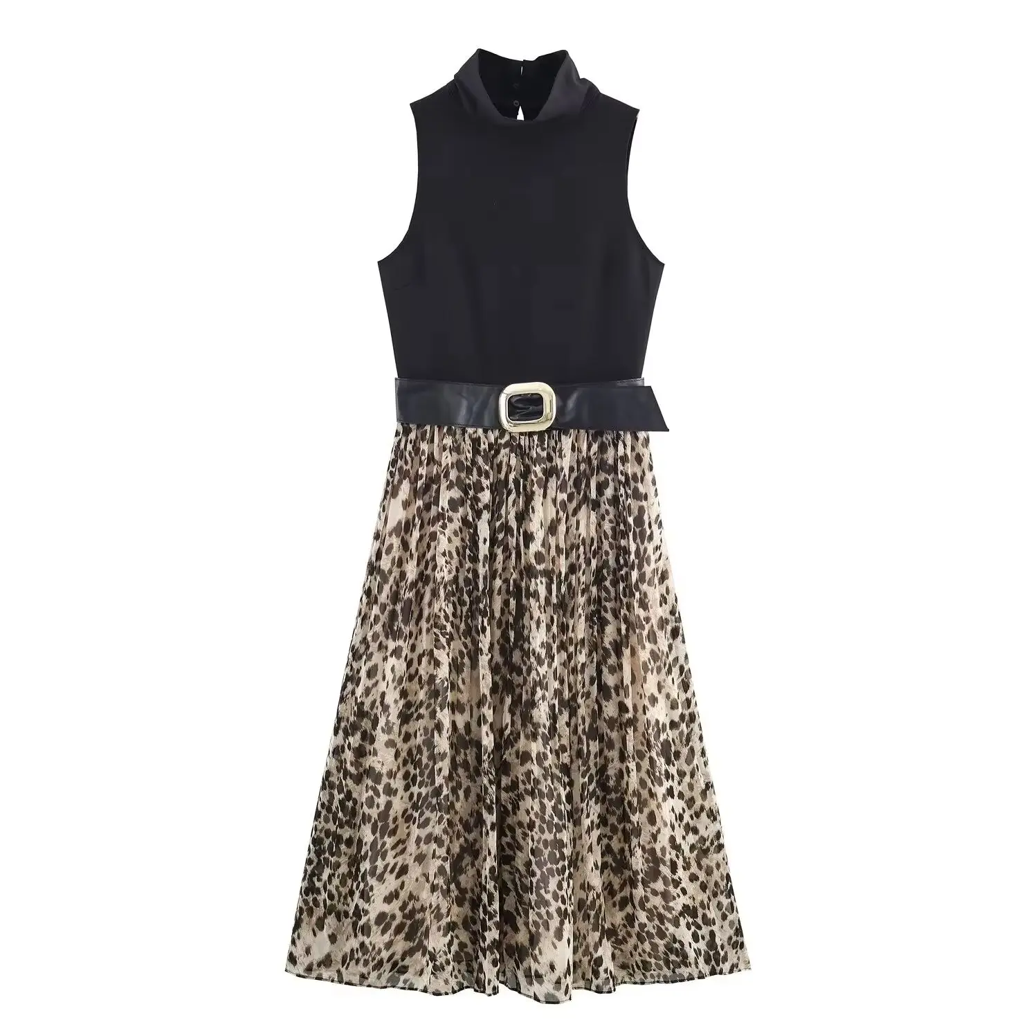 Kondala chique animal impressão mulher vestido faixas sem mangas retalhos leopardo vestido longo moda 2025 drapeado elegante vestidos femininos