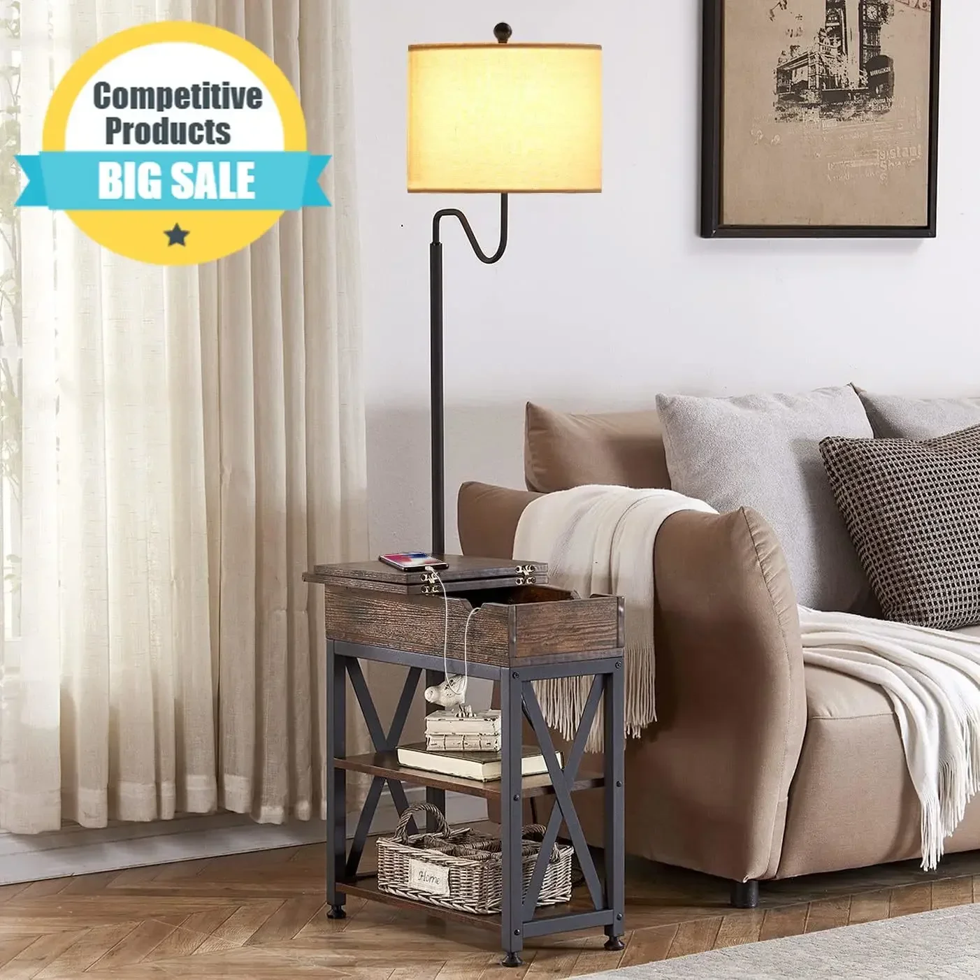 Dungoo Floor Lamp with Table, Narrow End Table with Lamp, Bedside Nightstand with USB & Type-C Ports and 2 Outlets, Rustic Side