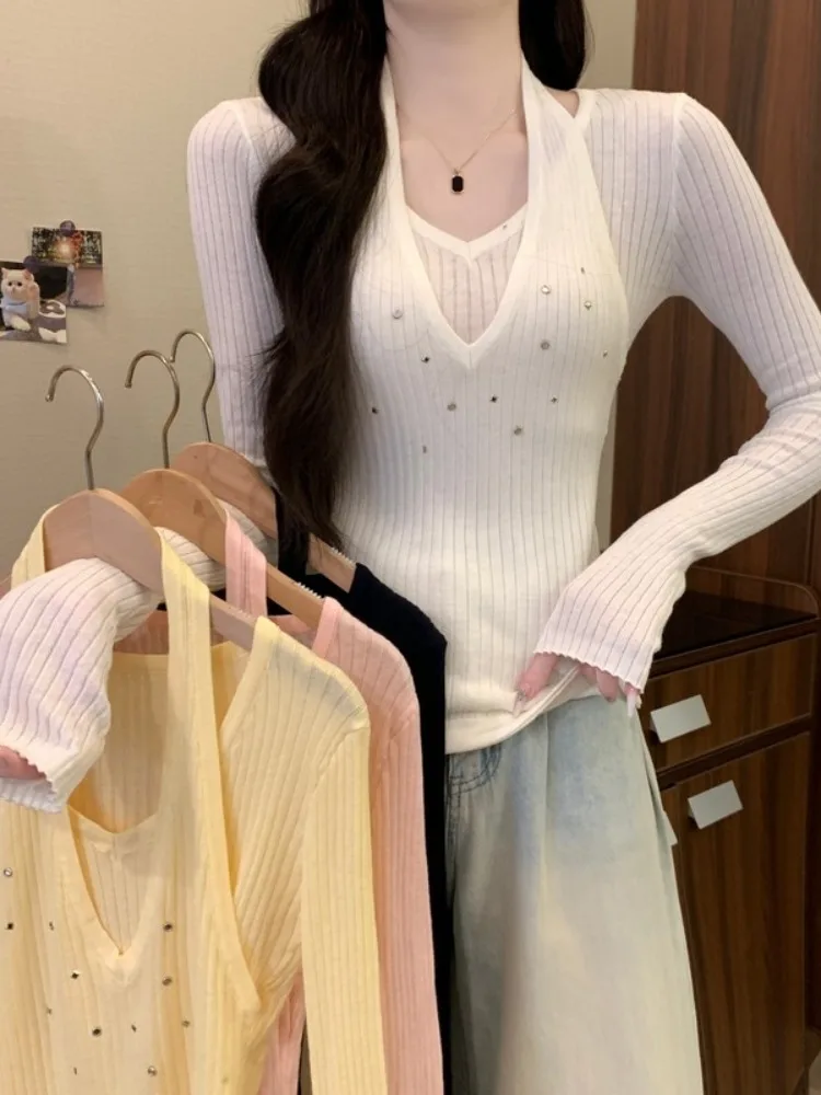 

Korean Sle V-Ne Long Sve Glittering Knitted Top Women's Slimming Faion Spring Casual Warm Color Crew Ne