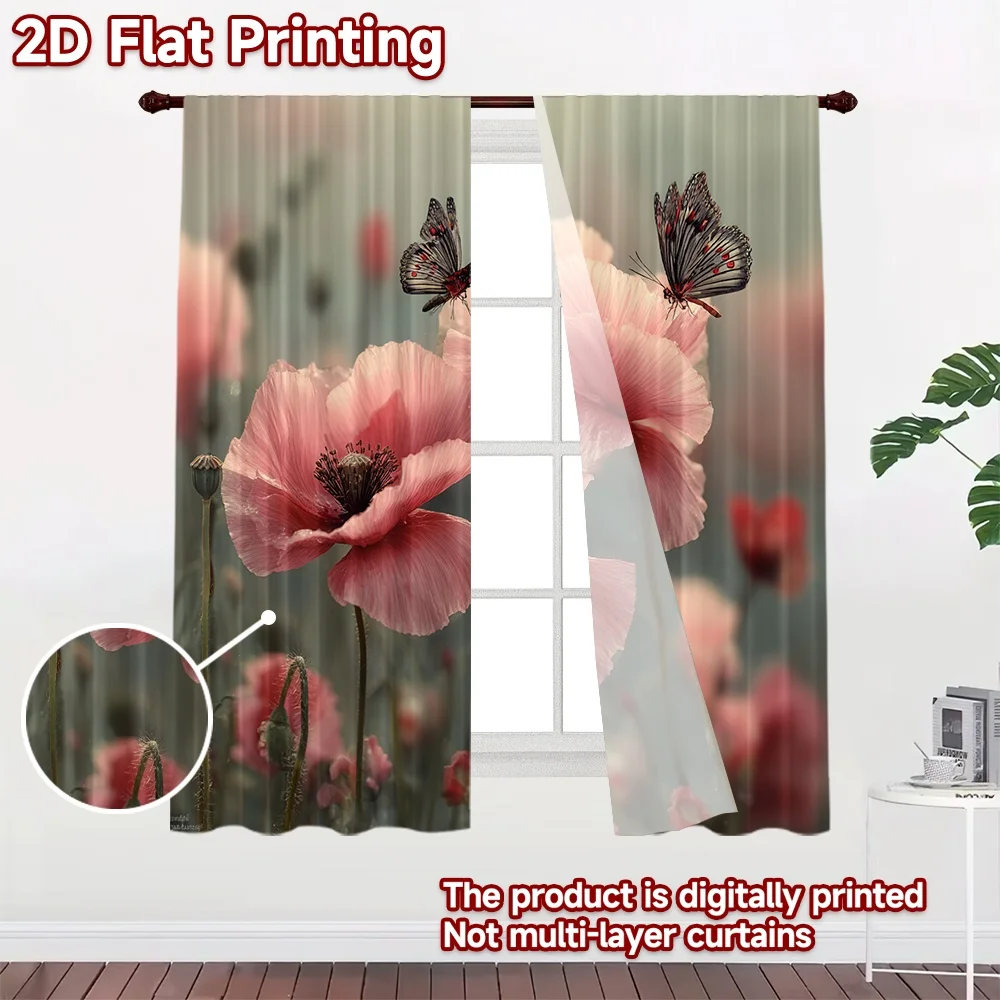 2D FLAT PRINTING 2pcs Curtains (Without Rod) Spring Flowers and Butterflies Chic Light Filtering Curtains Versatile Polyester