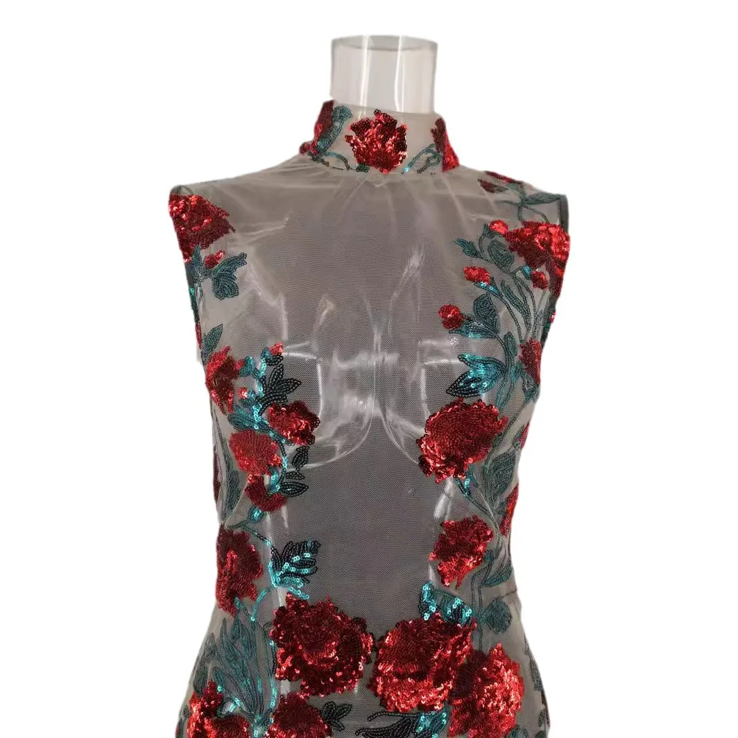 2024 Abito da club senza maniche in rete trasparente con paillettes Abito da sera formale aderente sexy Mini Party Night Out Glitter per le donne