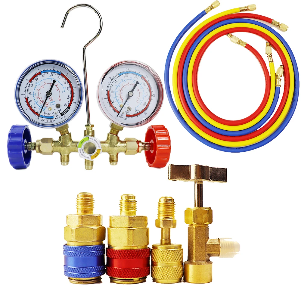 Refrigerant Manifold Gauge Set Air Conditioning Tool for R12 R22 R-404A R-134a Air Condition Refrigeration Tool with Hose Hook