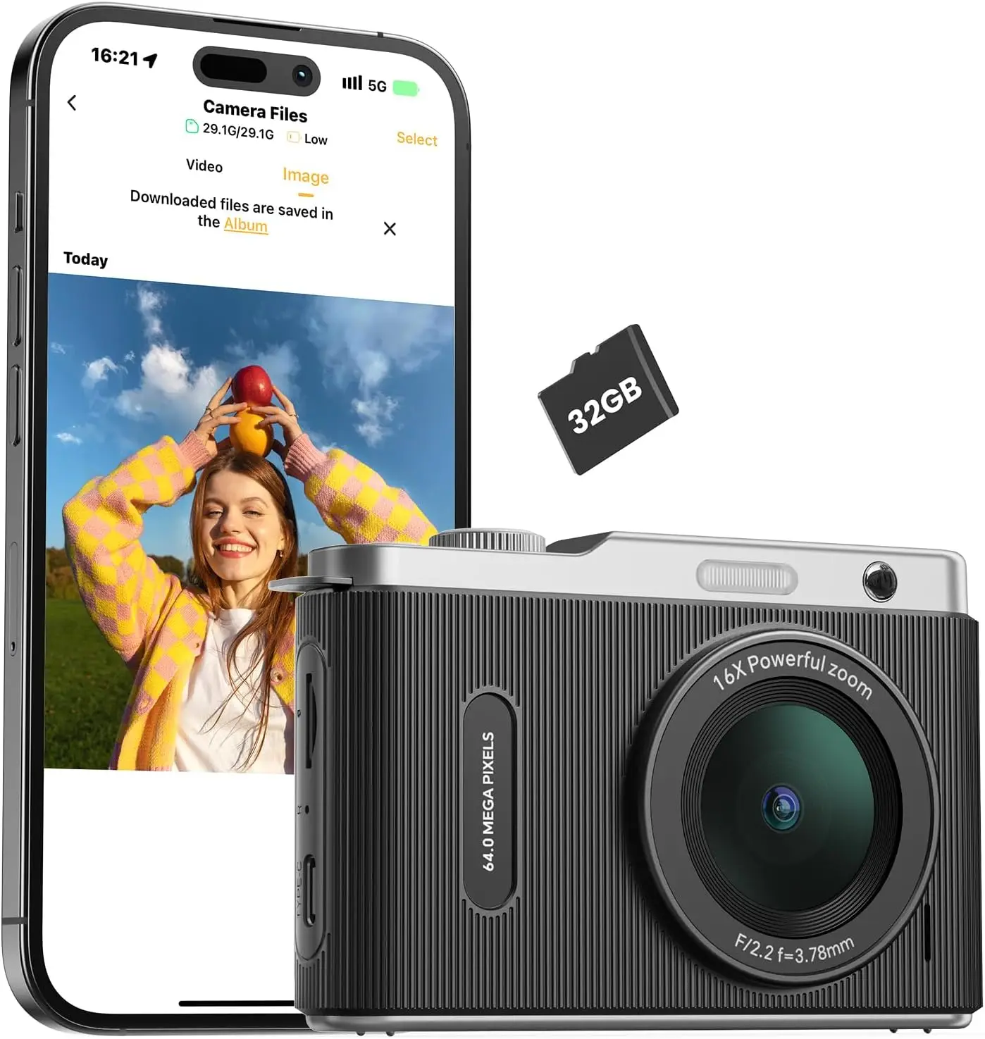 Kids Digital Camera with Dual Lens, 64MP 4K, 16X Zoom Anti-Shake, Portable for Children Black