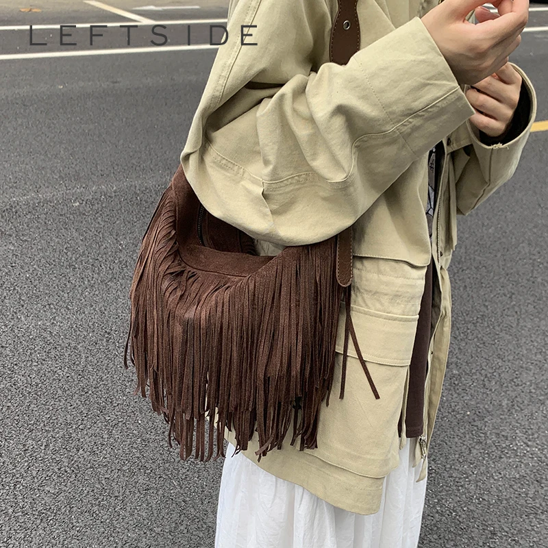 

LEFTSIDE Design Punk Style PU Leather Shoulder Bags for Women 2025 Tassels New Crossbody Bag Females Retro ​Luxury Handbags