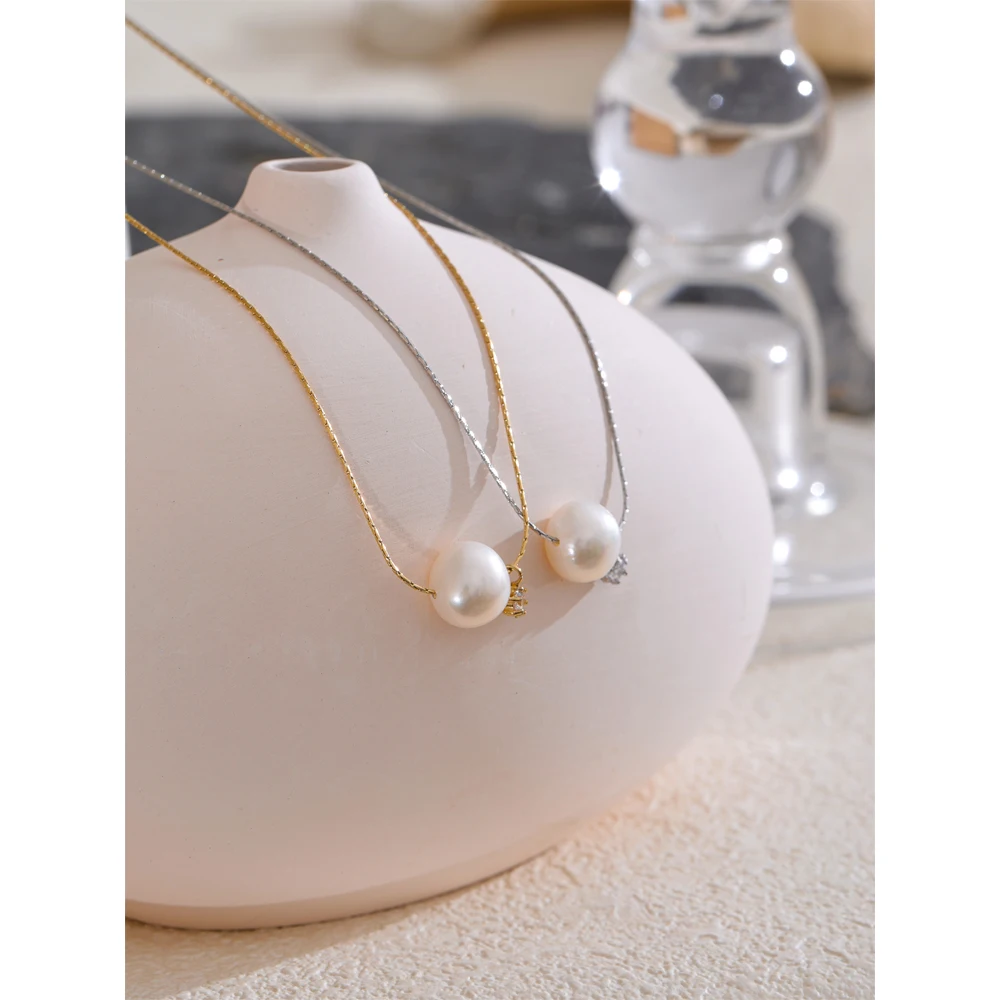Yhpup Korean Style Natural Freshwater Pearls Zircon Pendant Quality Necklace Chic Stainless Steel Fashion Exquisite Jewelry New