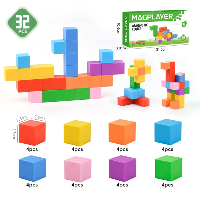 Magplayer 2.5cm blocos de construção magnéticos 32 pçs brinquedos educativos plástico quebra-cabeça haste cubos magnéticos presentes de natal para criança criança