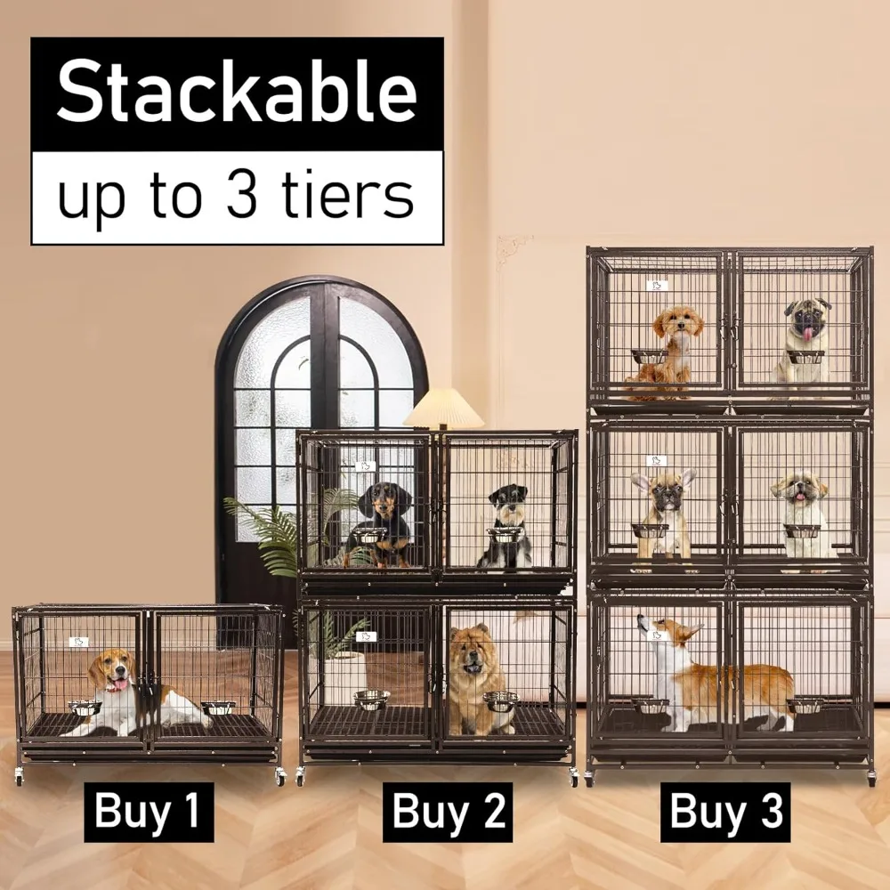 Dog cage.-43 Metal Open Top Stackable Heavy Duty Dog Cage w/Floor Grid, Tray, Divider, and Feeding Bowl43