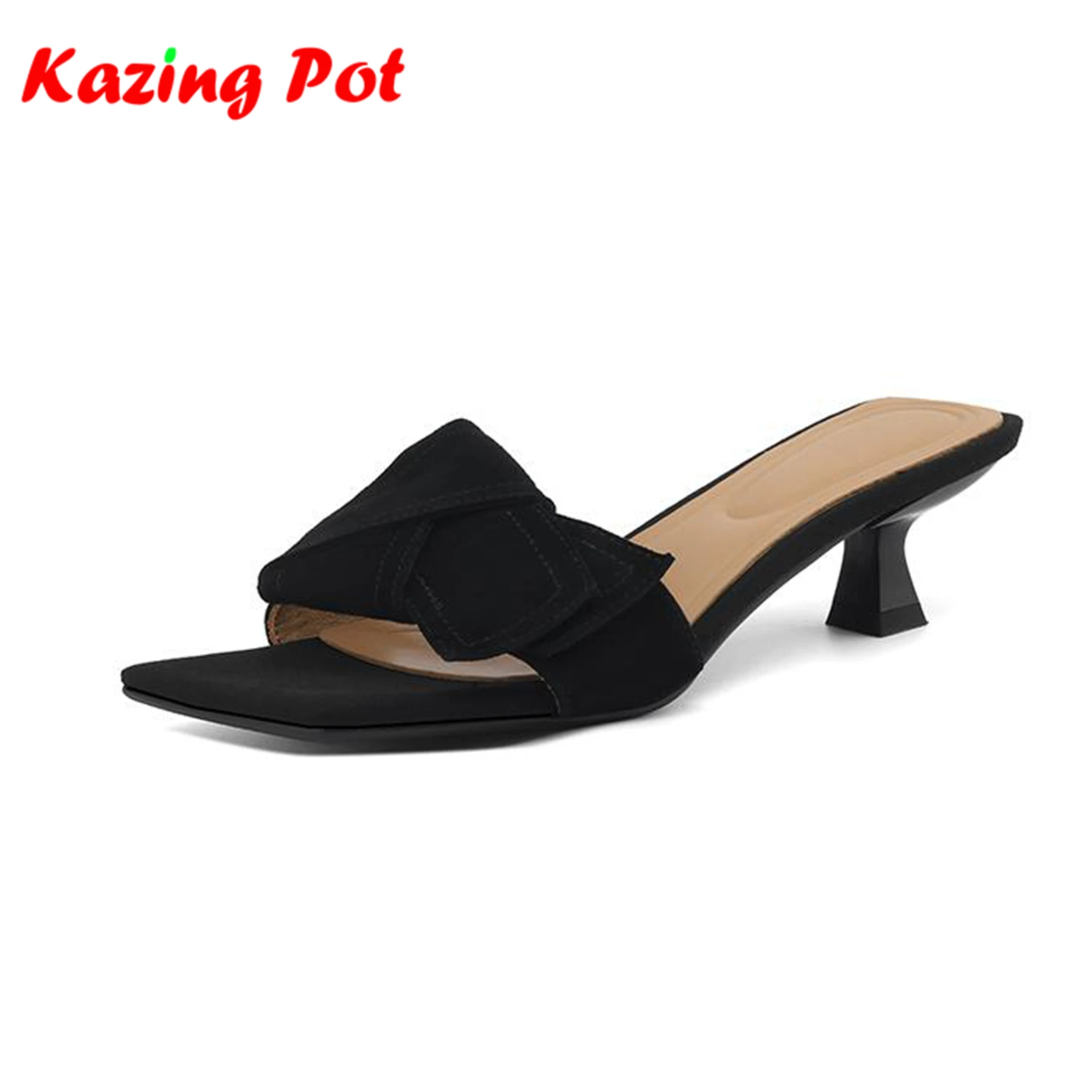 Krazing Pot Mules Sheepskin Thin Med Heels Bowtie Peep Toe Summer Set Finger Flip Flops Modern Superstar Slip On Women Sandals