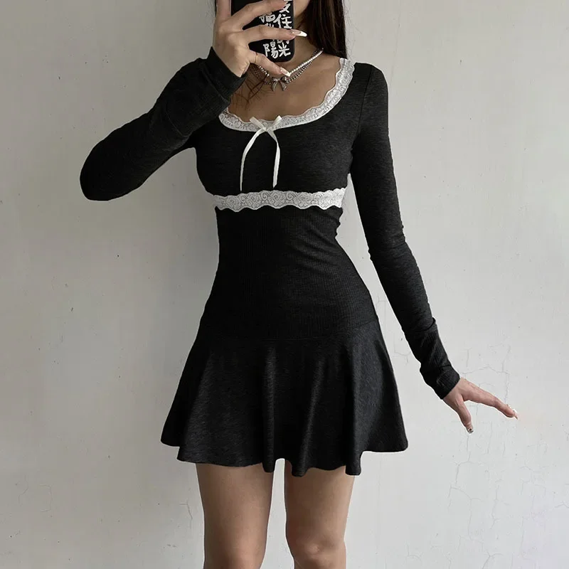 

Autumn Mini Dress Women Sexy Black Long Sleeves Lace Patchwork Bodycon Solid A-LINE Dress Streetwear Club Elegant Party Dresses