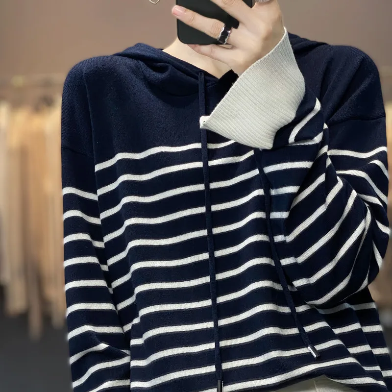 24 Autumn and Winter Ladies New Striped Hooded Pullover Tops Leisure Anti-Aging Slimming Double-Strand Worsted Wool Sweater