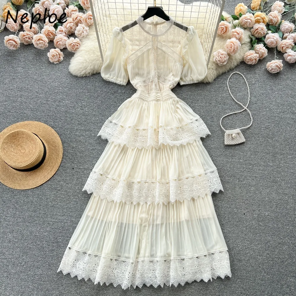 

Neploe Sweet Puff Sleeve Commuter Cake Dress French Style Lace Hollow Out Patchwork Pleated Robe Slim Waist Fresh Elegant Mujer