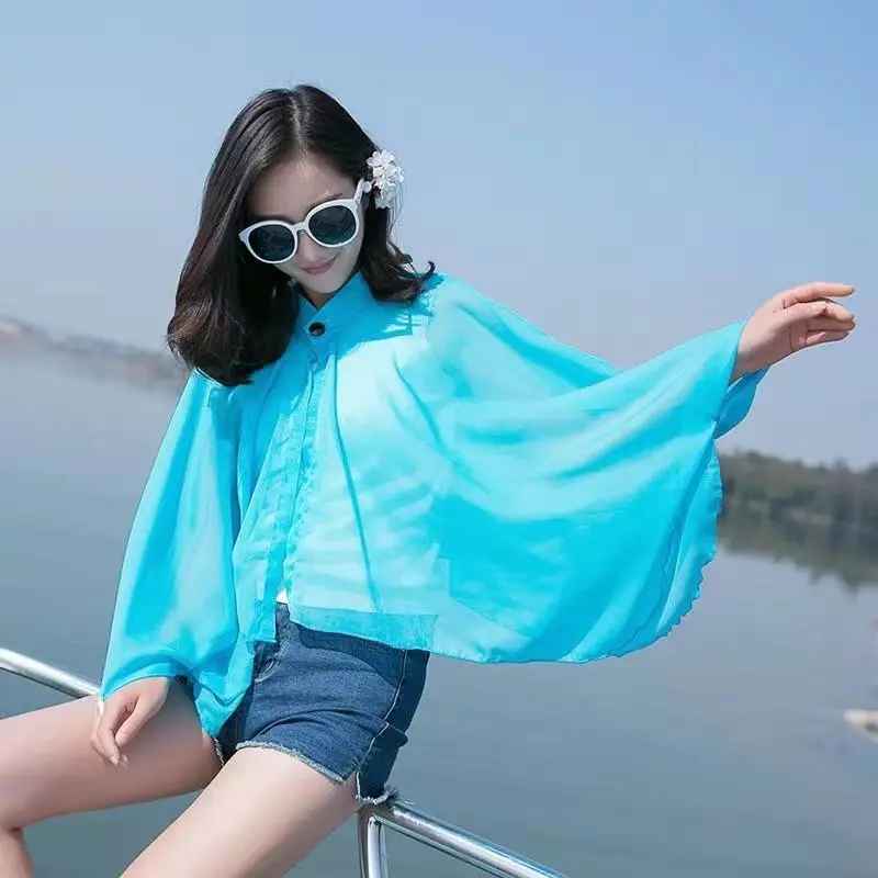 

2022 Summer Women Cycling Driving Sleeve UV Proof Korean Chiffon Sunscreen Sunshade Lady Shawl Cloak Poncho Capes Sky Blue