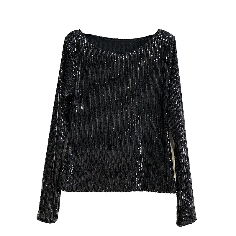 Long Sleeve Women Basic Solid Casual Pullovers Autumn Winter Slim Fit Bling Bling Shiny Women Sequined Tshirts