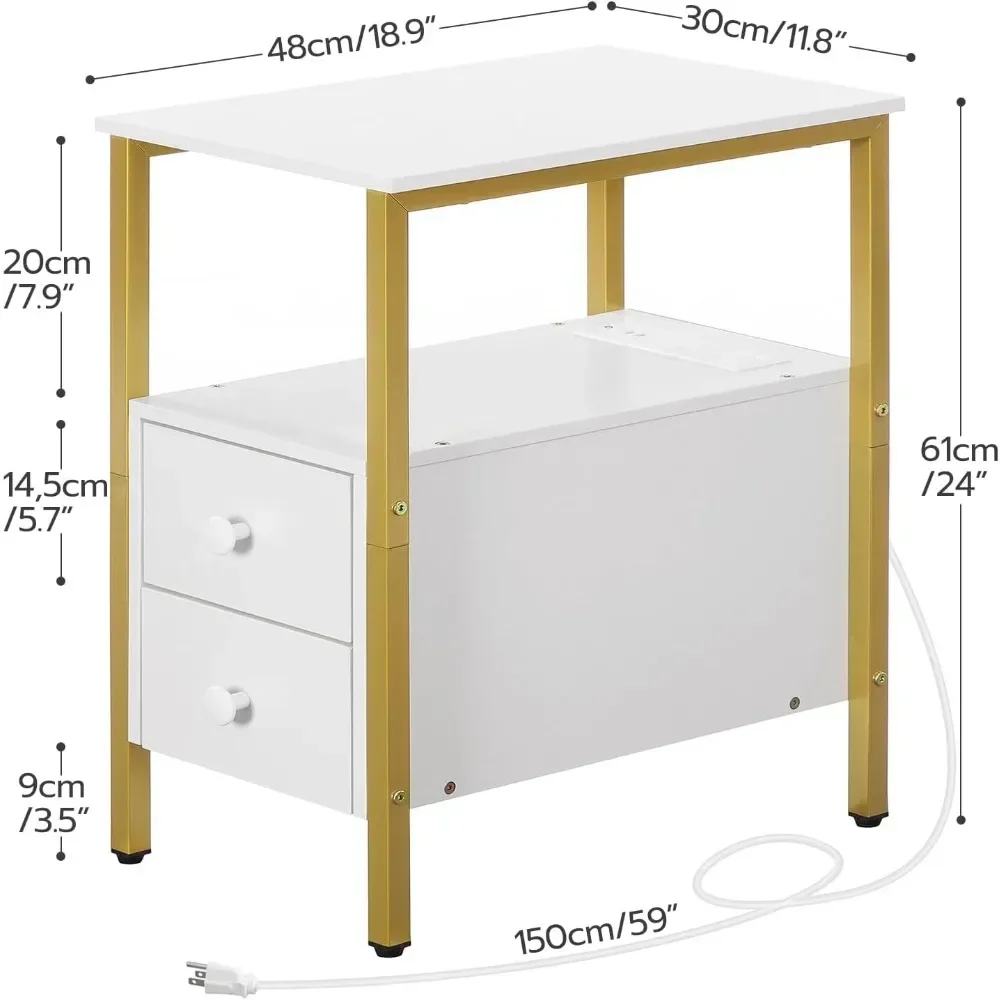 End Table with Charging Station, Narrow Side Table with 2 Drawer & USB Ports & Power Outlets, Nightstand for Small Spaces
