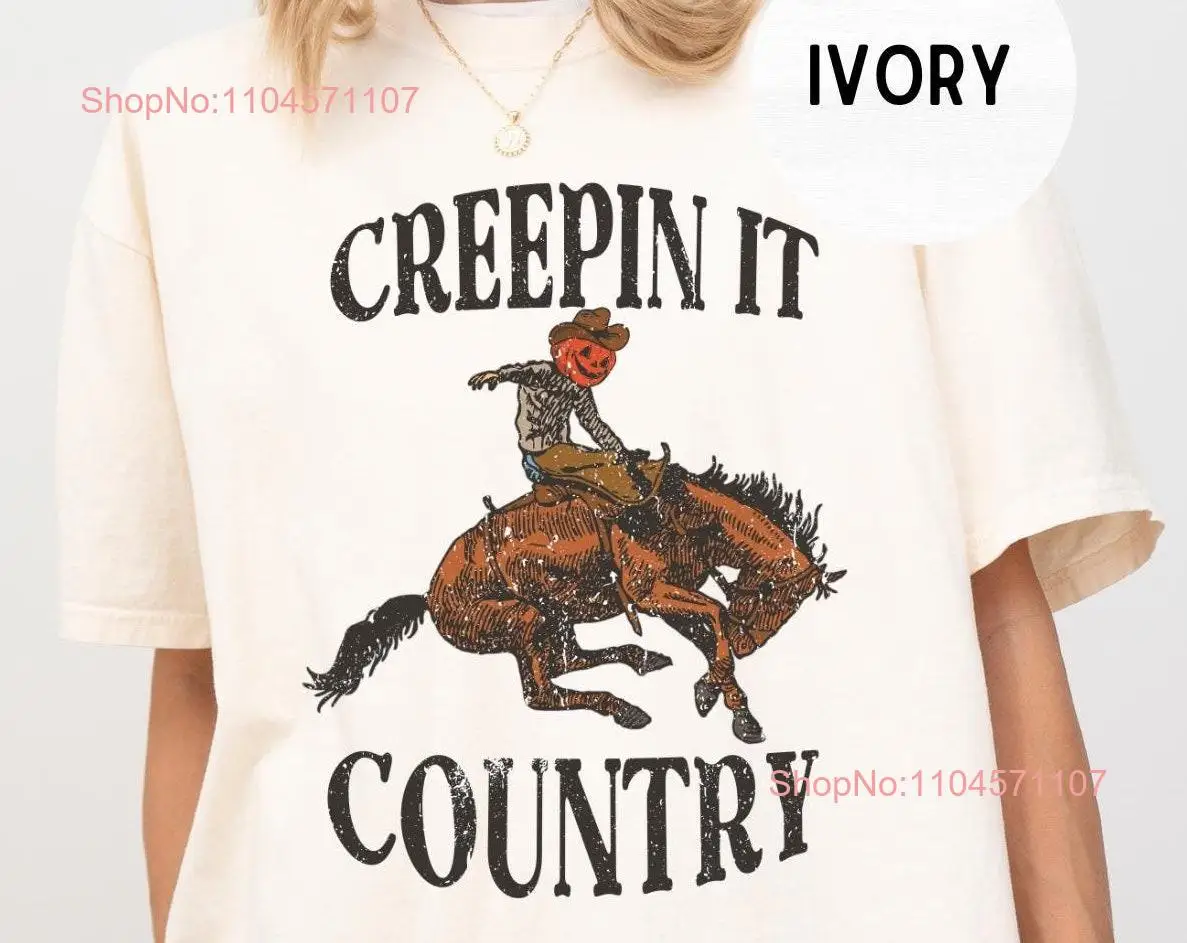 

Комфортные цвета, футболка в стиле ретро на Хэллоуин, Creepin It Country Rodeo, костюм тыквы с длинными или короткими рукавами