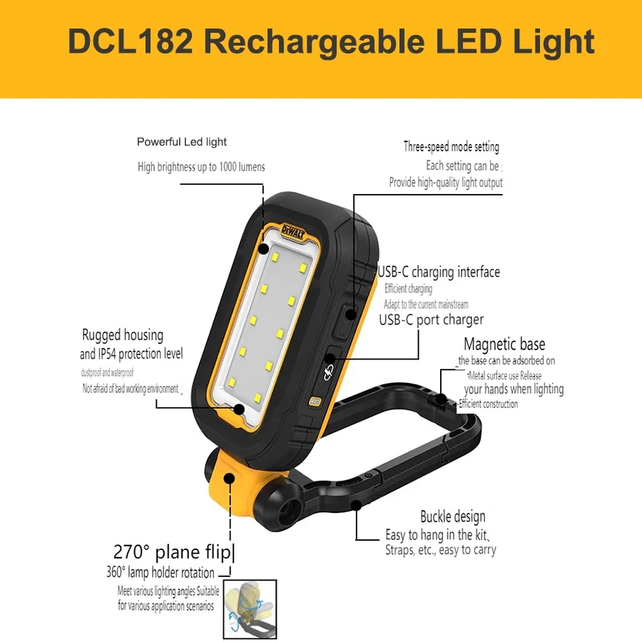 DEWALT DCL182 LED Work Light with Magnetic Base USB-C Recharge 1000 Lumens 3-grade Adjustment IP54 Dust & Waterproof Task Light