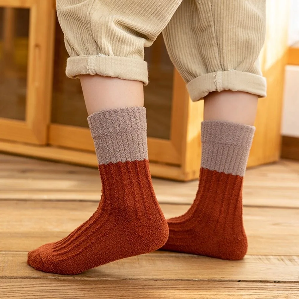 

Warm Kids Indoor Socks Patchwork Color Gifts Autumn Winter Coral Fleece Floor Socks Striped Socks Kids Socks Mid Tube Socks
