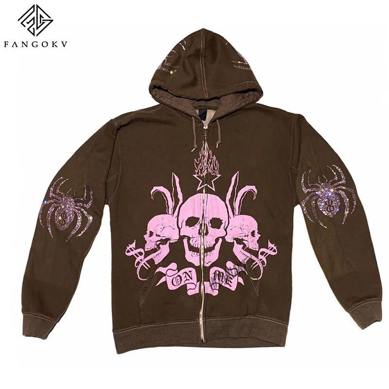 

Women Rhinestone Spider Skull print Streetwear Hoodies Women Coat Goth Harajuku Y2k aesthetic Clothes grunge Punk Jacket Zip-up