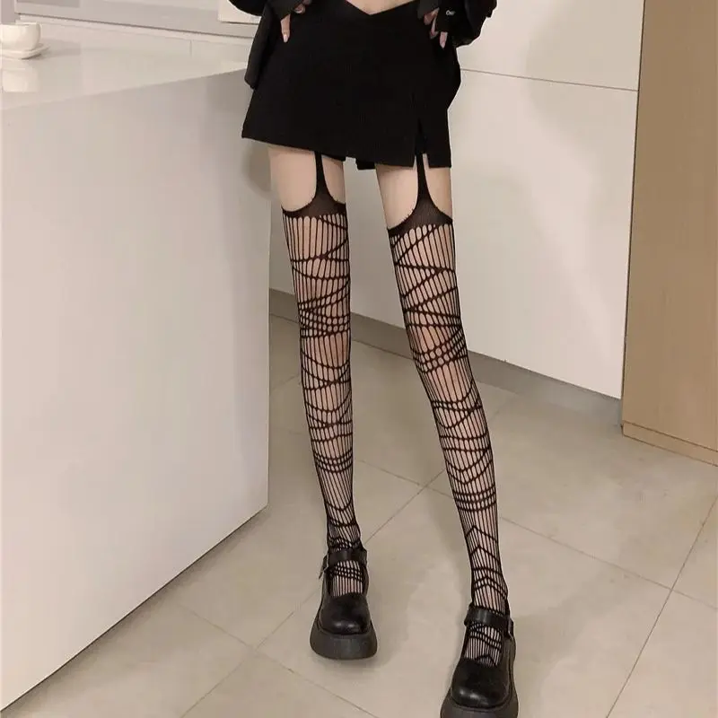 Simplejewel Women Fishnet Suspender Pantyhose Thigh-High Stockings Tights Stretchy High Stockings for Halloween Party Dress Up