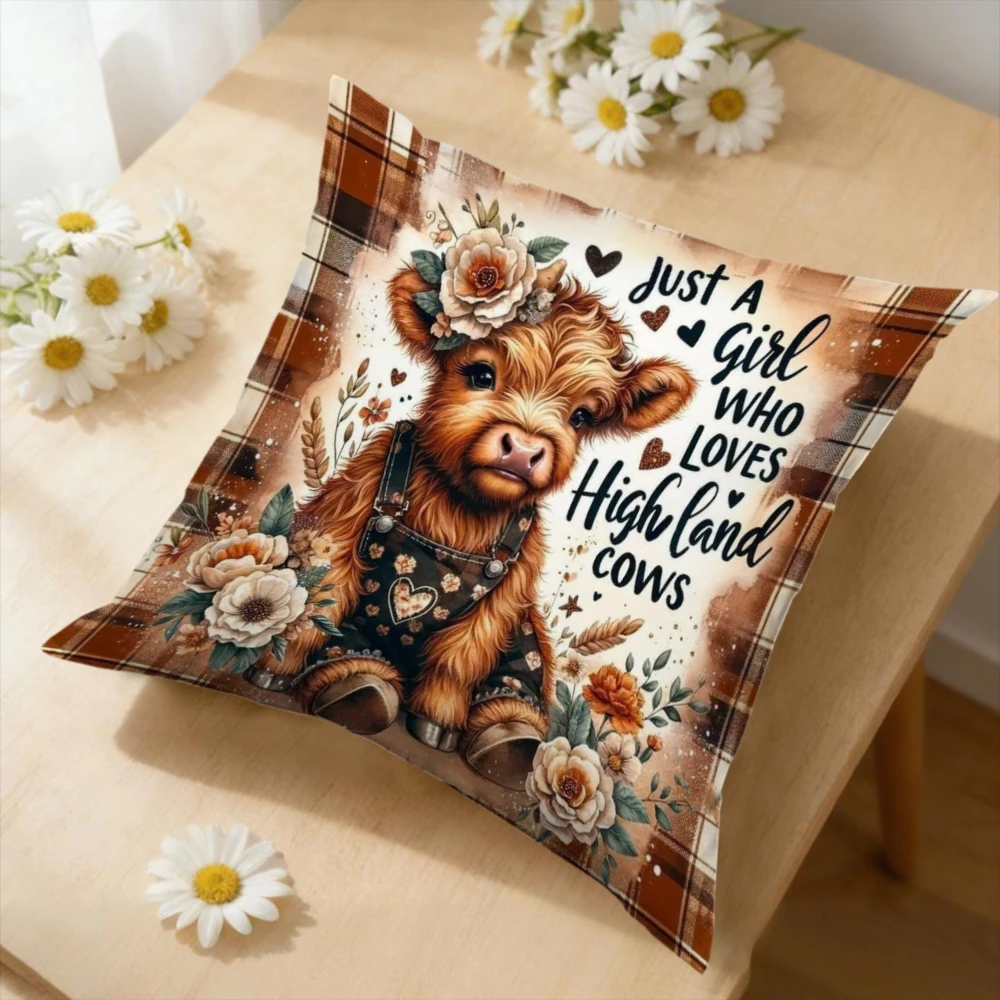 1pc Cute Highland Cow Cushion Cover Brown Plaid Floral Just A Girl Who Loves Highland Cows Pillowcase For Sofa Bedroom Home Deco